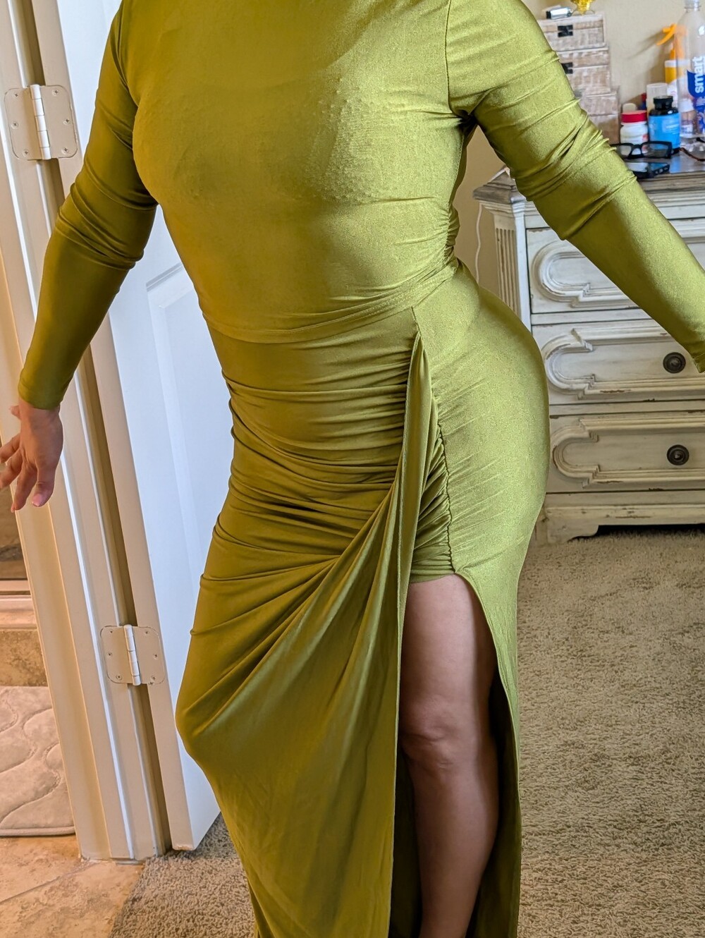 Olive Green Long Sleeve Ruched Maxi Dress with Side Slit